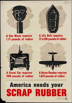 America needs your scrap rubber and noting uses, such as a heavy bomber needs 1,825 pounds of rubber.