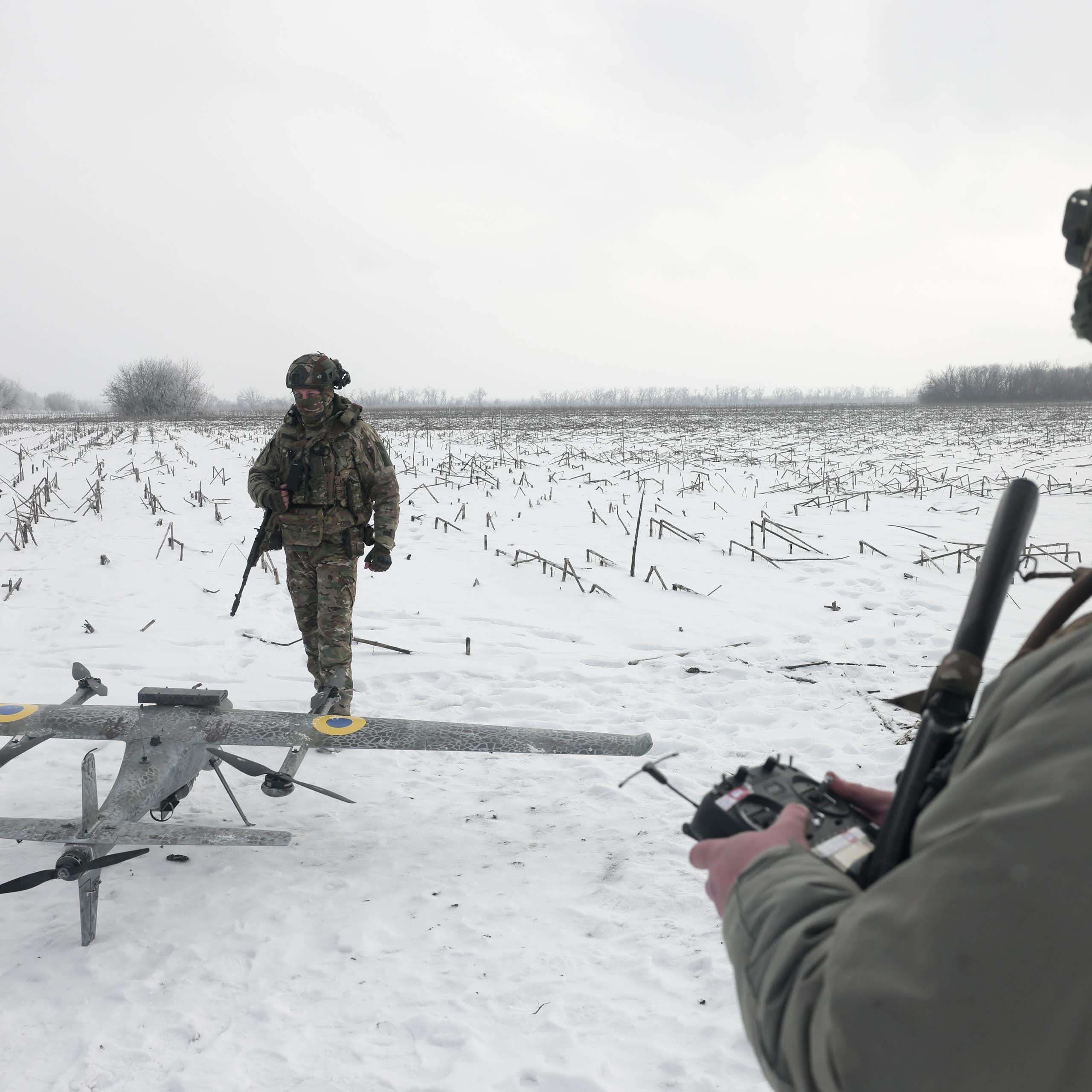 Ukrainian soldiers operate a drone, February 2026.