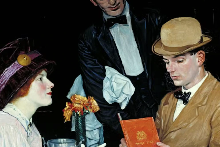 Painting of a couple on a date in a restaurant