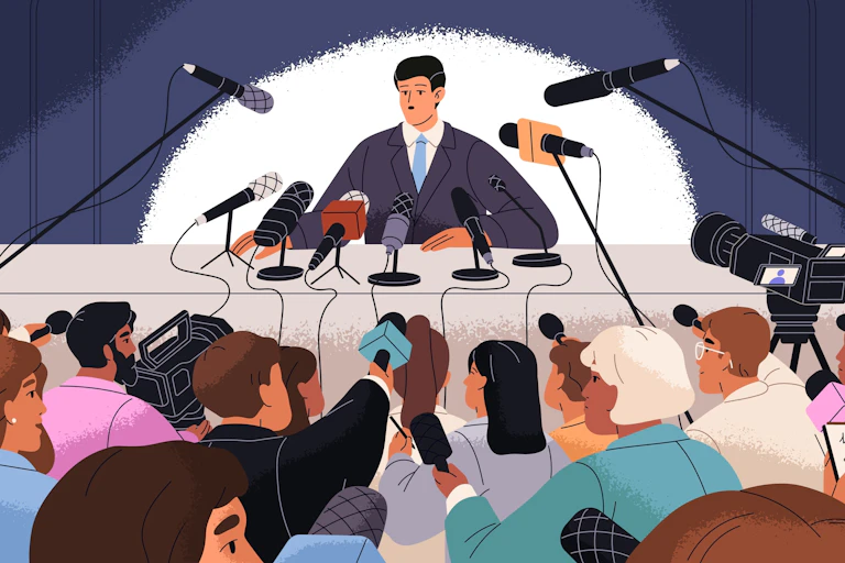 A cartoon of a politician giving a press conference to the media.