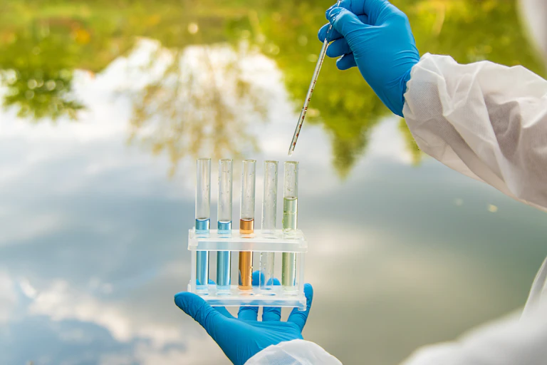 Unas manos enguantadas toman muestras de agua para su análisis