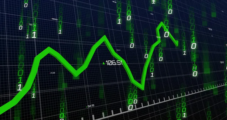 green graph zigzags up and down on black background