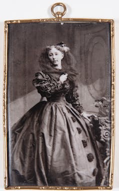 Black and white photo of Katey Perugin in long black gown