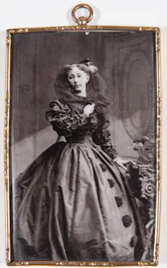 Black and white photo of Katey Perugin in long black gown