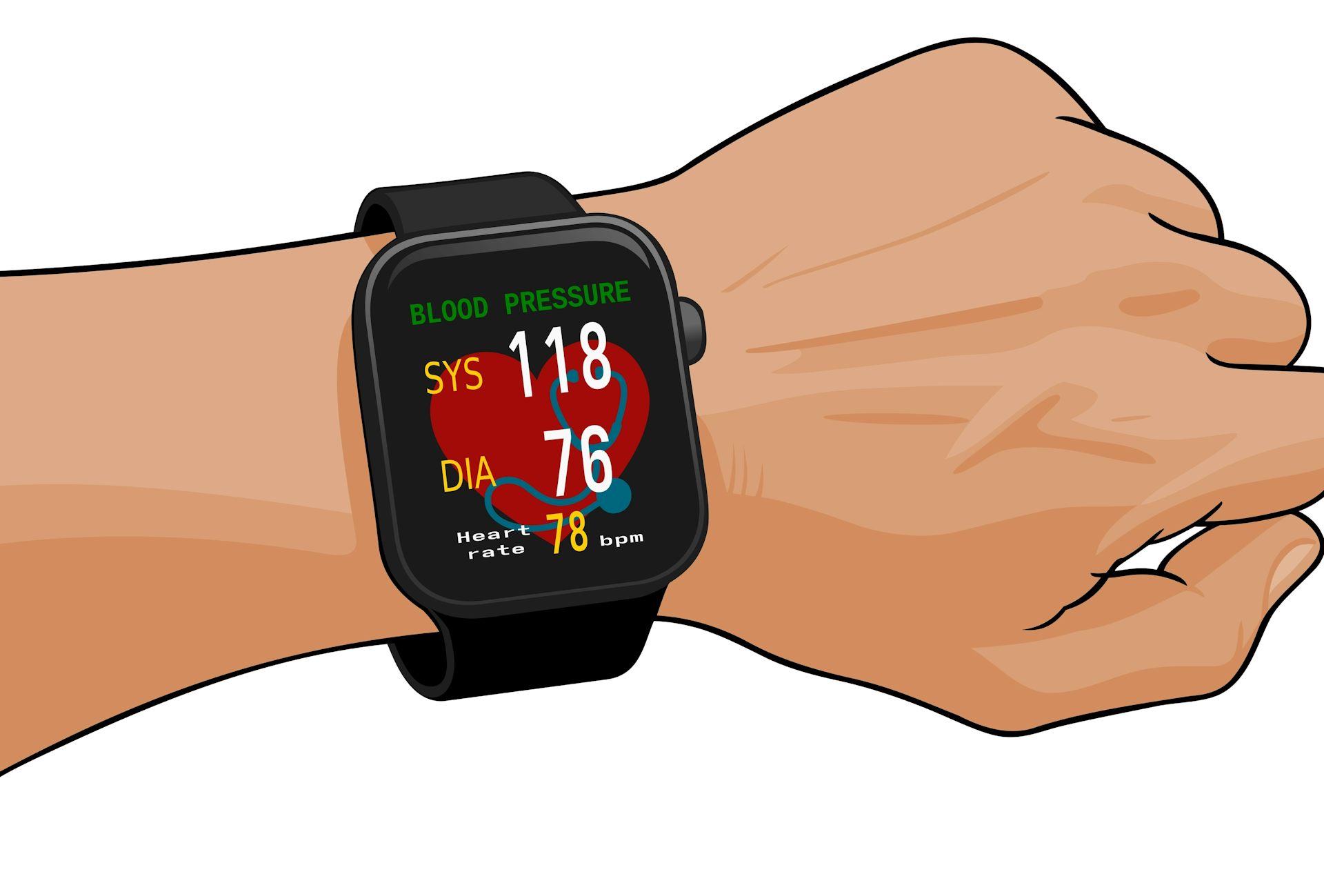 Dibujo que representa la medida de la tensión arterial en un reloj