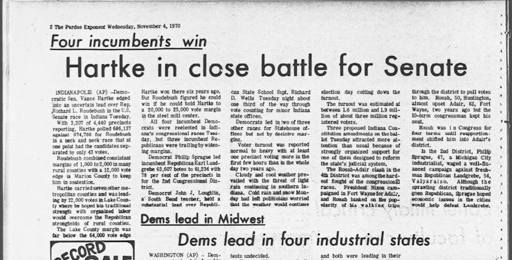 A clipping from a Nov. 4, 1970 newspaper with the headline 'Hartke in close battle for Senate.'