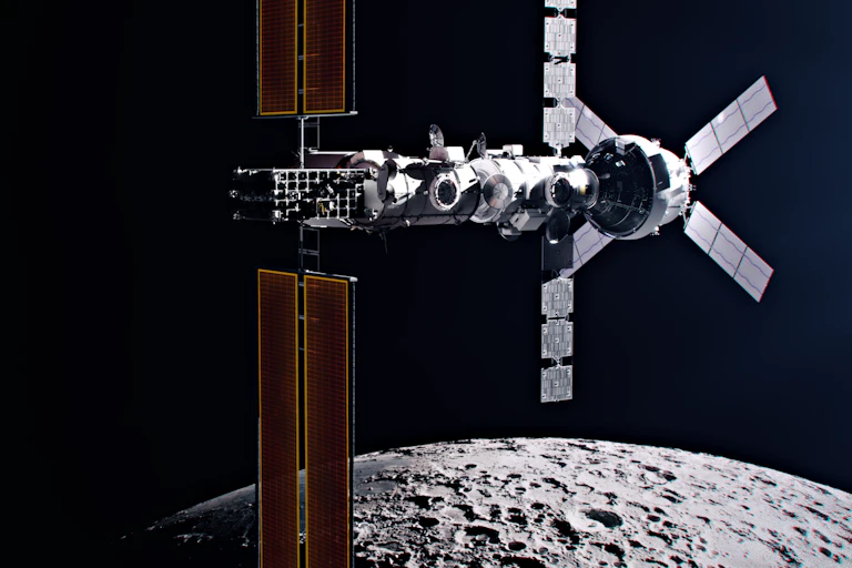 Ilustração da estação Lunar Gateway na órbita da Lua