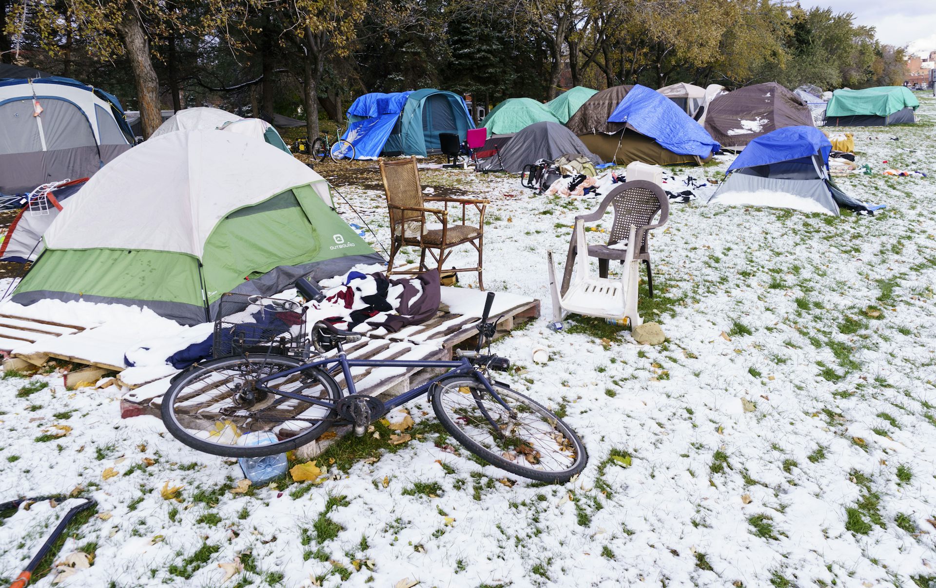 A homeless encampment in winter