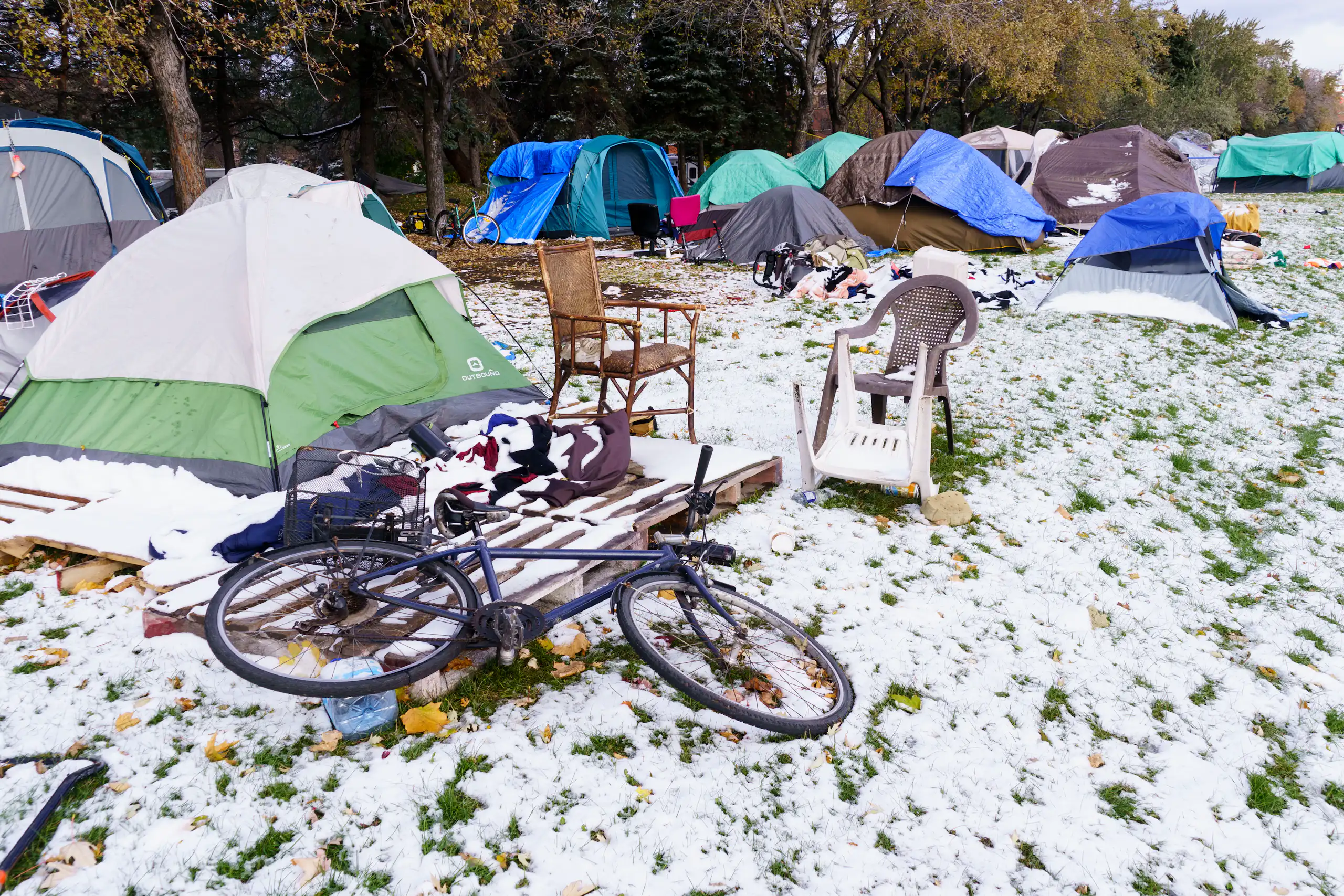 A homeless encampment in winter