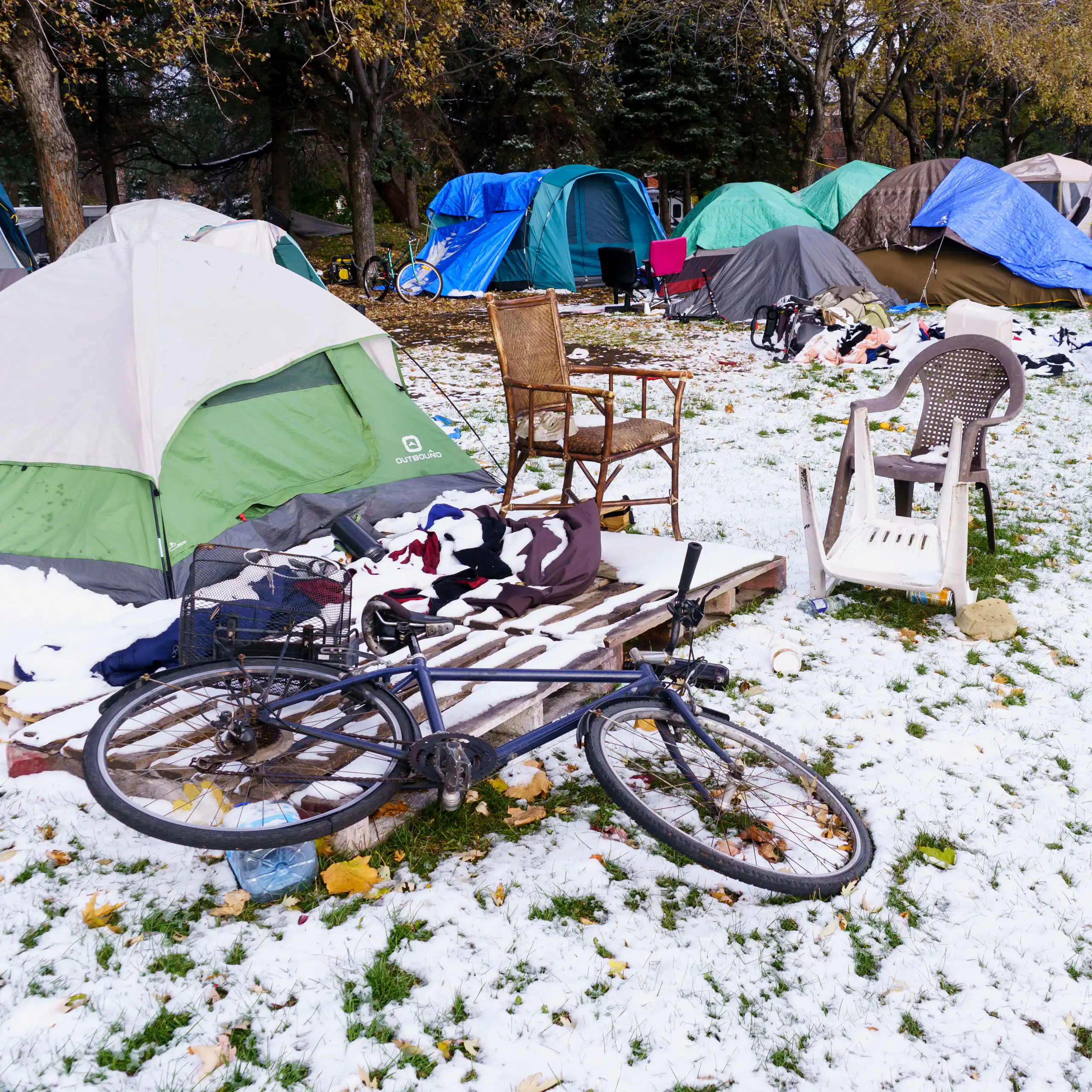 A homeless encampment in winter
