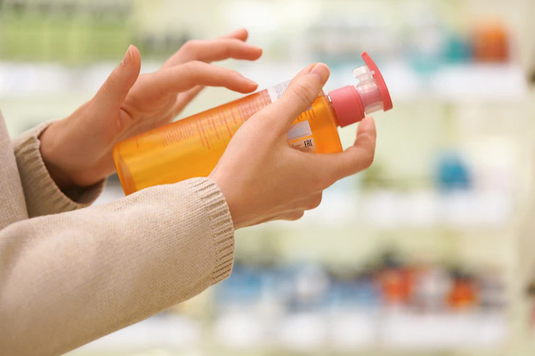 woman holding orange bottle of skincare product examining label in shop