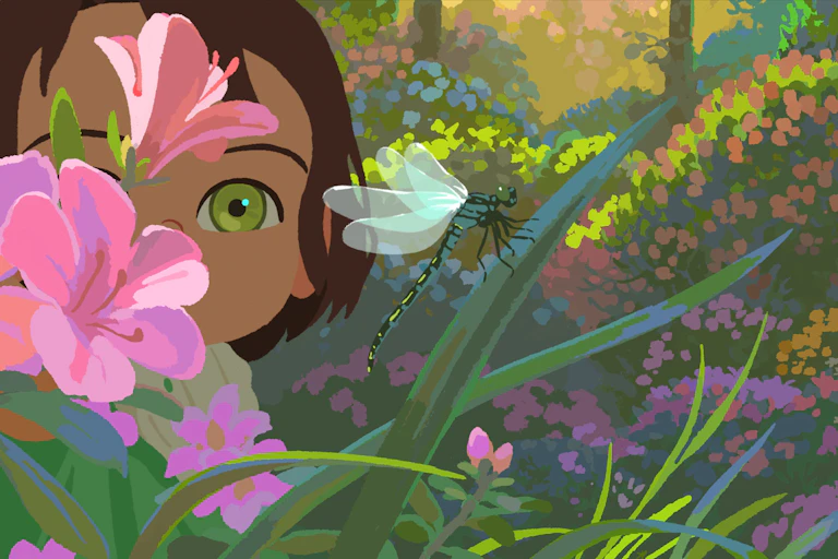 Little Amélie looking at a dragonfly