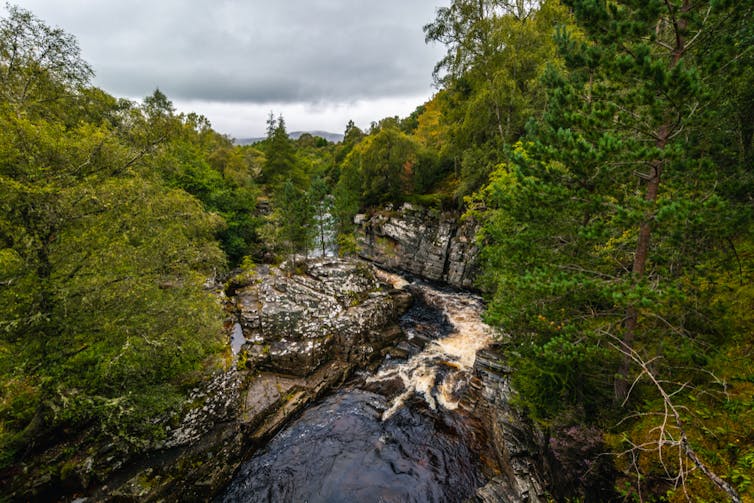 An overhead view of the Tromie river.