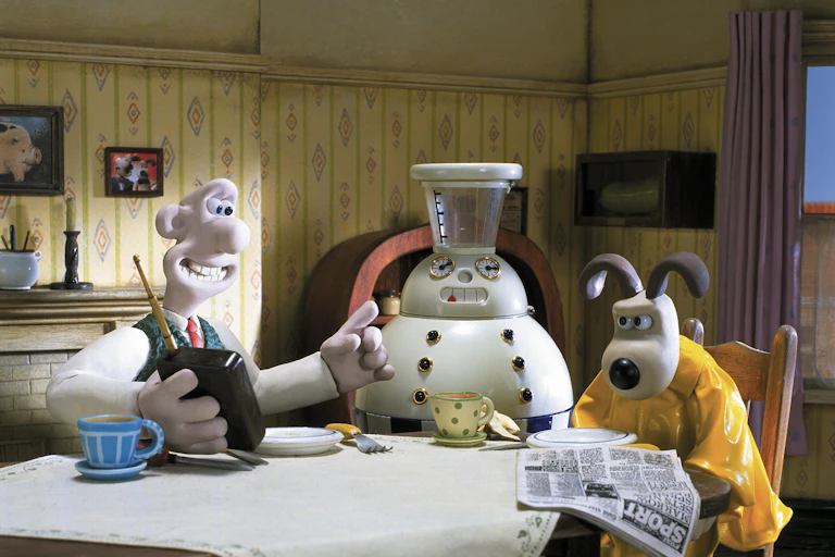 An animation still showing the Wallace and Gromit stop-motion characters.