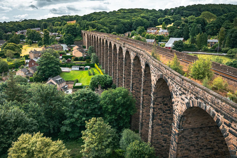 viaduct over small town in English countryside
