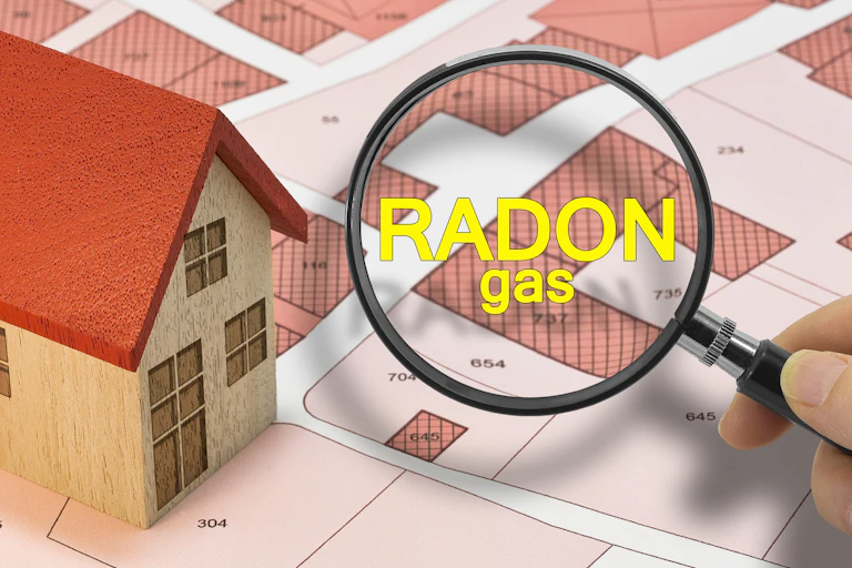 An illustrated house sits next to an illustrated magnifying glass with the words "Radon gas."