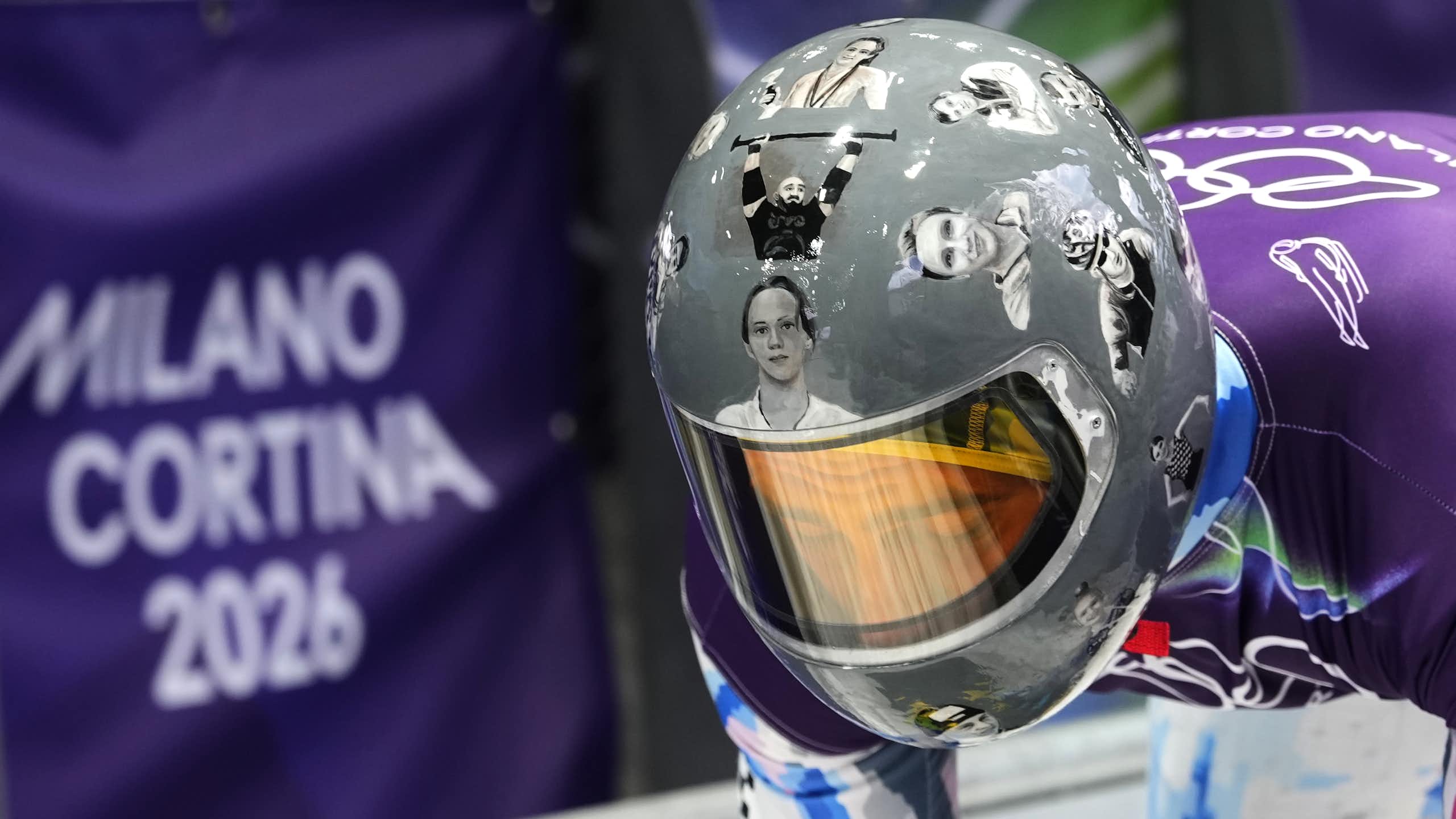 Close up of a skeleton athlete's helmet depicting images of athletes