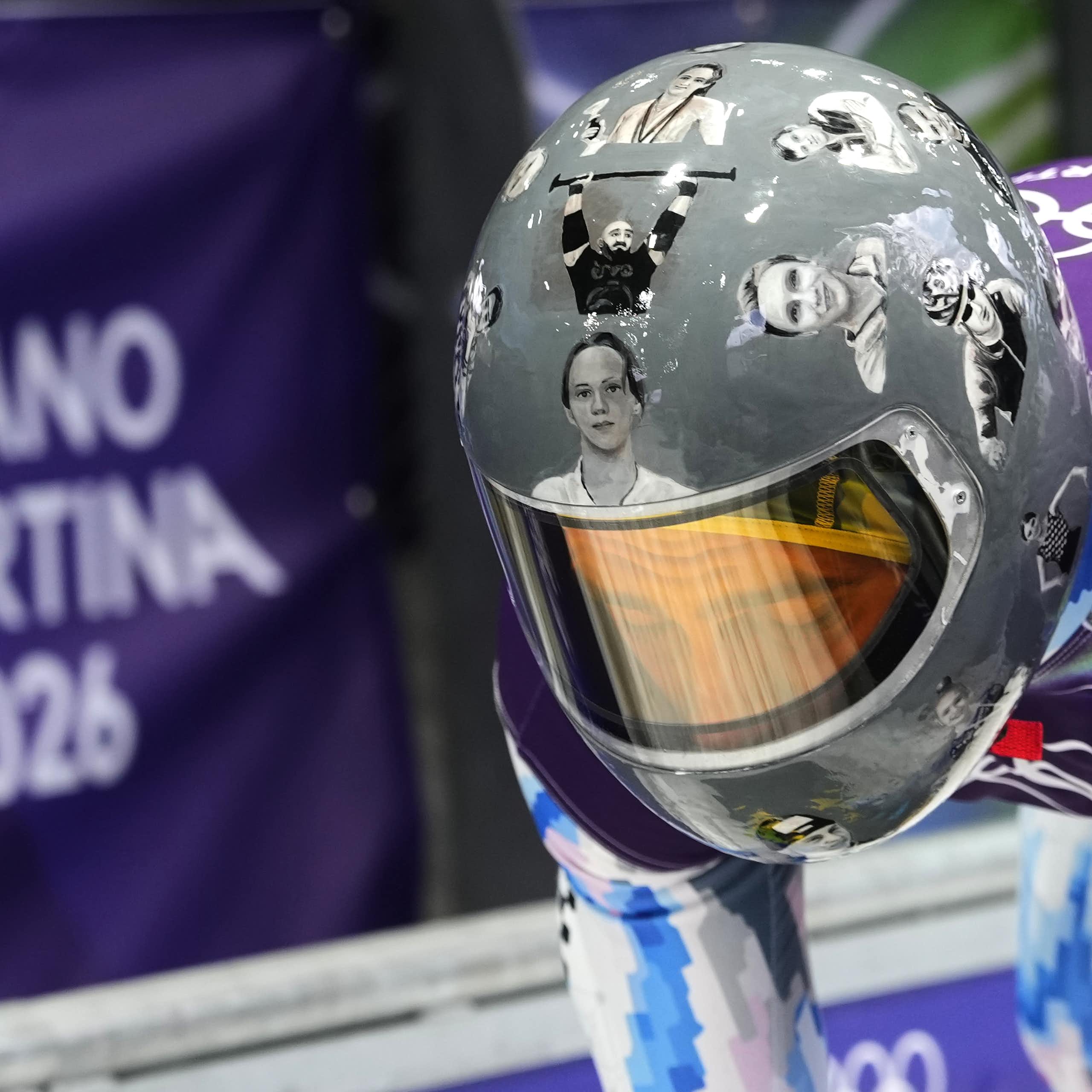Close up of a skeleton athlete's helmet depicting images of athletes
