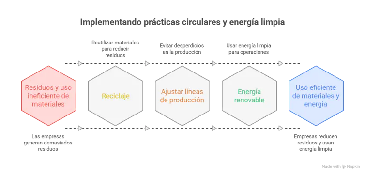 Una lección de las pymes manufactureras chilenas: se puede ser sustentable con pocos recursos 2 Diagrama secuencial compuesto por cinco fases conectadas por flechas: desperdicio e ineficiencia en el uso de materiales, reciclaje, adaptación de líneas de producción, energías renovables y uso eficiente de materiales y energía.