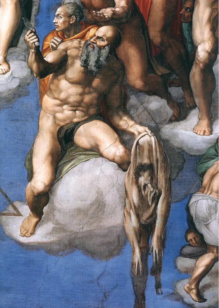 A painted scene shows a bearded man holding a knife in one hand and a flayed skin with a human face in the other, while another figure sits just behind him.