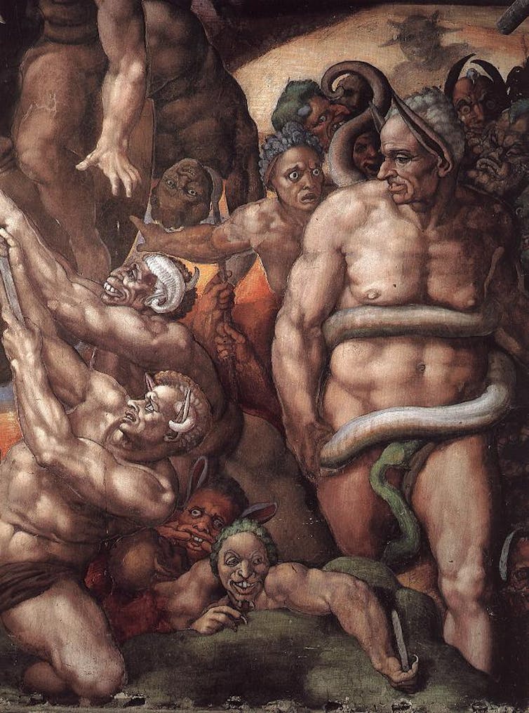 A section of a fresco shows a naked man bound by a coiling snake, and donkey's ears, surrounded by beastlike figures.