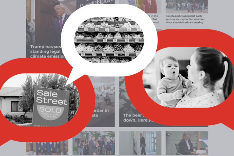 A montage representing issues of real estate, inflation and whooping cough.