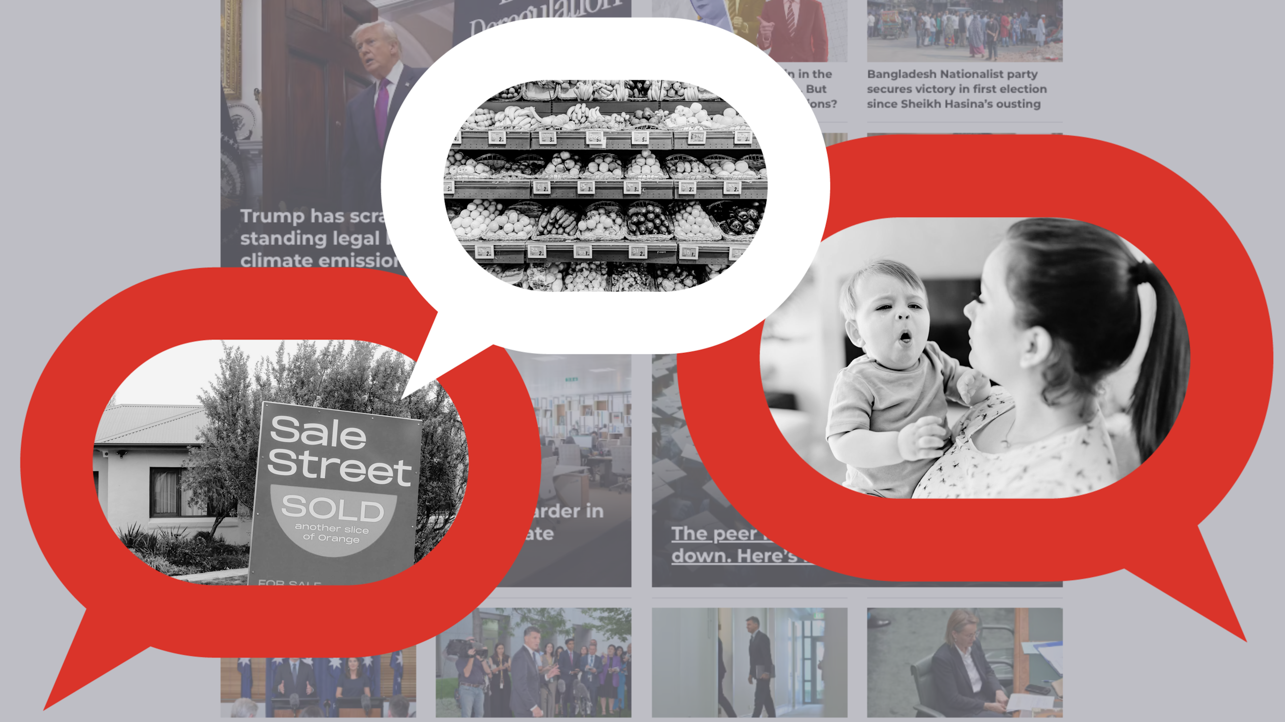 A montage representing issues of real estate, inflation and whooping cough.