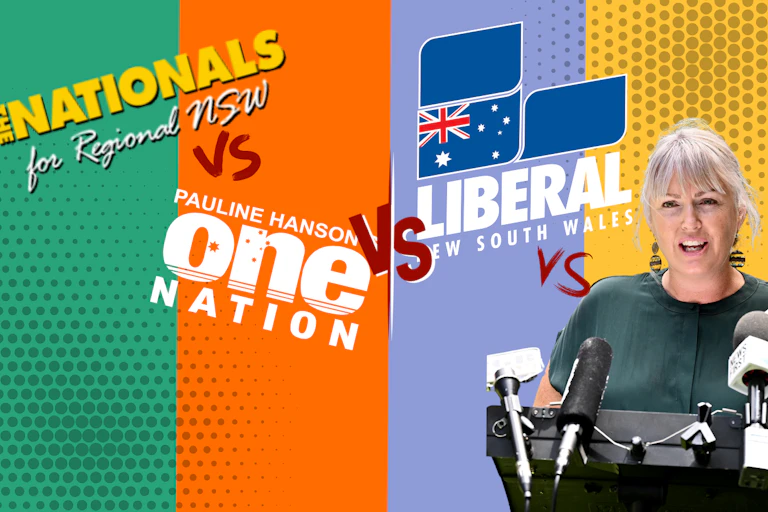 Michelle Milthorpe talking from a podium with microphones and logos for The Nationals, One Nation and the Liberal Party
