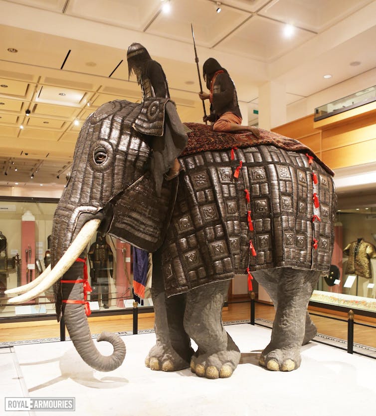 A large metal armour designed for an elephant, on display in a museum.