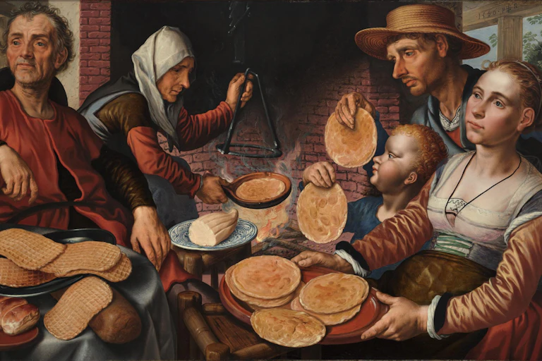 Painting of people eating pancakes
