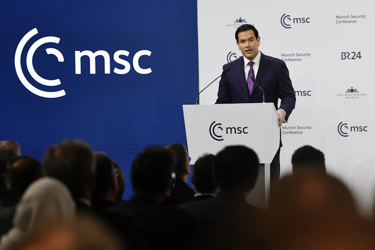 Marco Rubio delivers an address to the Munich Security Conference.