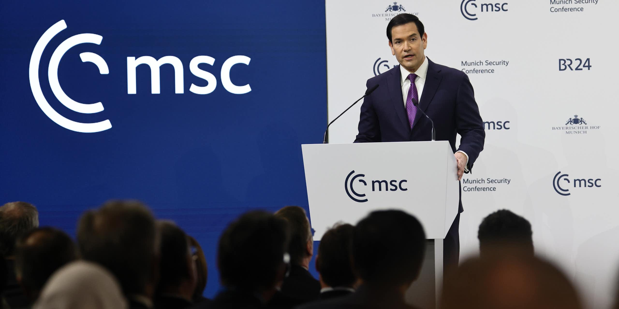 Marco Rubio delivers an address to the Munich Security Conference.