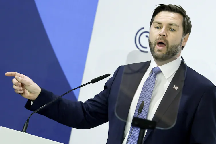 J.D. Vance delivering a speech to the Munich Security Conference.