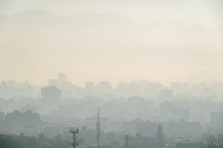 Smog over a cityscape.