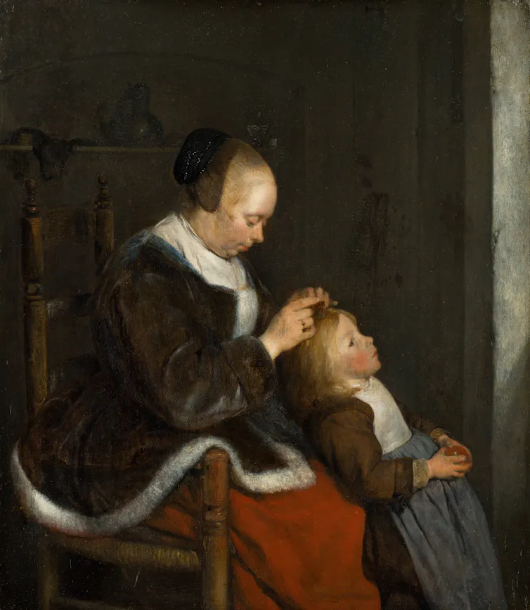 Painting of a mother combing her son's hair for lice