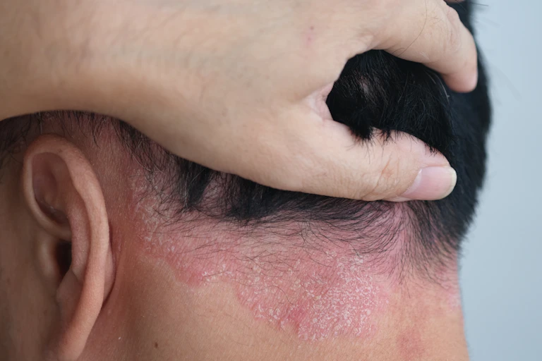 Psoriasis on the nape of man's neck