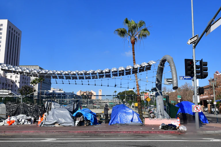 A group of tents on the sidewalk house homeless folks in downtown Los Angeles