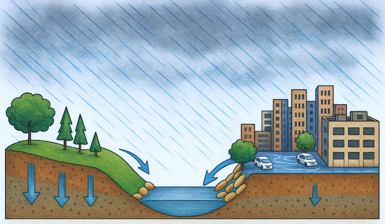Ilustración que muestra que se produce una mayor infiltración de agua en entornos naturales no urbanizados.