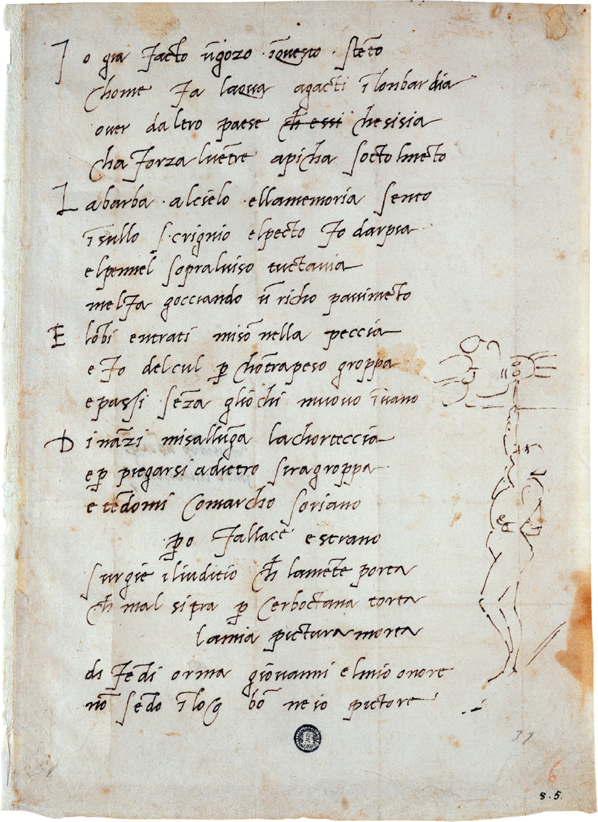A yellowed piece of paper with text written in Italian and a doodle of a man straining to paint an image on a ceiling.