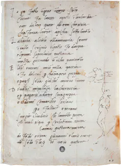 A yellowed piece of paper with text written in Italian and a doodle of a man straining to paint an image on a ceiling.