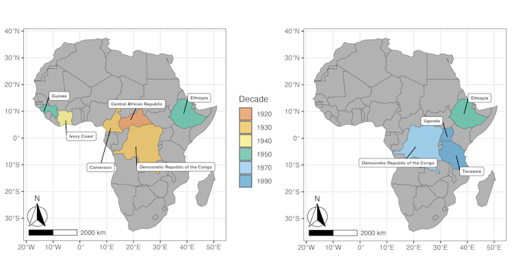 Dos mapas comparativos de África con varias regiones destacadas para indicar brotes de marchitez del café