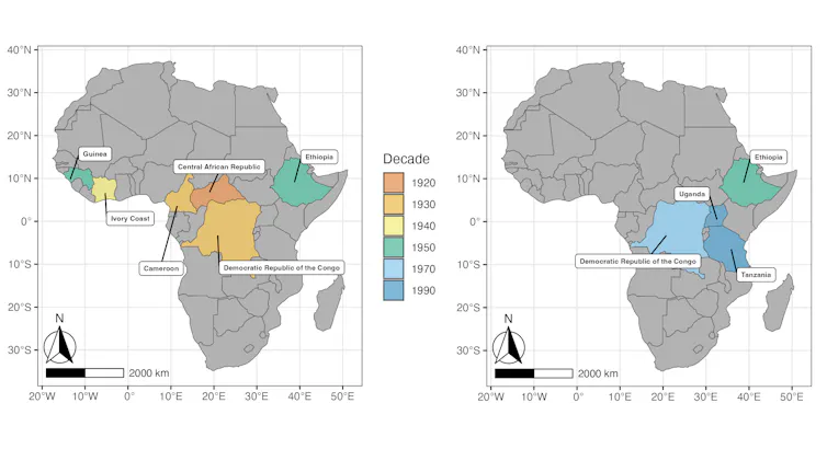 Two side-by-side maps of Africa with several regions highlighted to indicate coffee wilt disease outbreaks