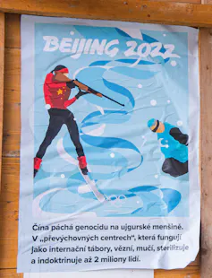 A poster satirising the ignoring of human rights abuses at the Winter Olympics in Beijing