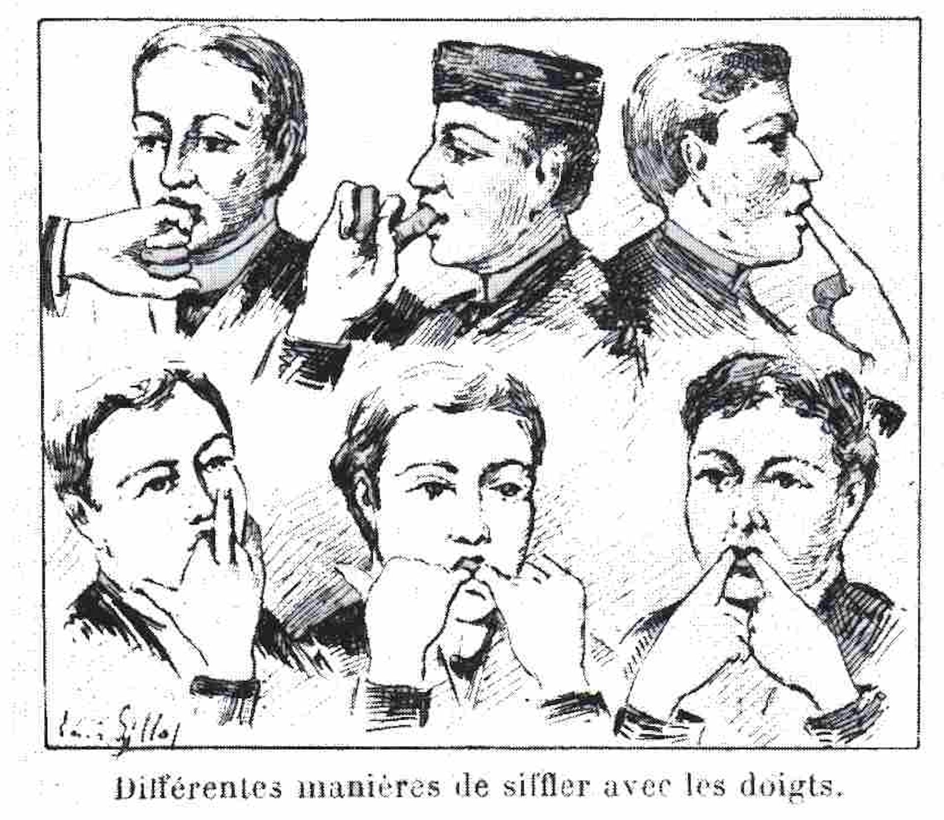 An illustration of different ways of whistling with the fingers