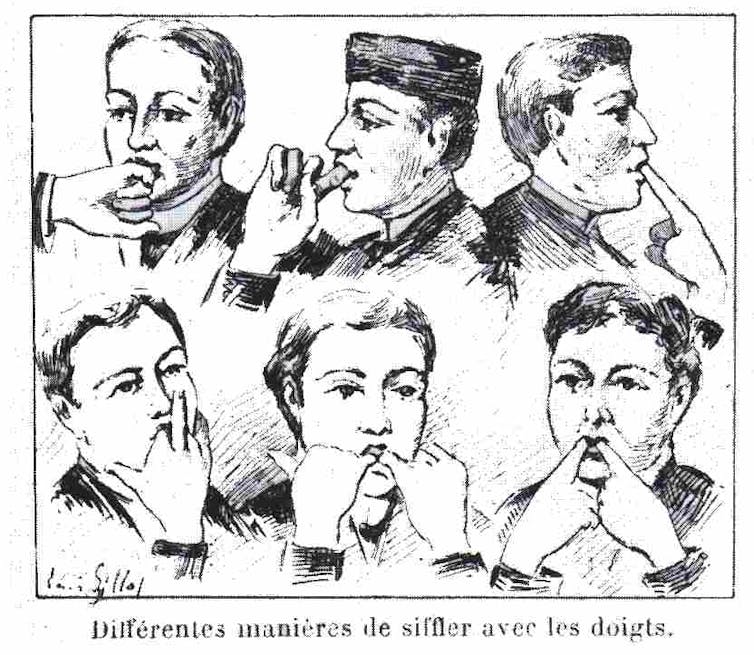 An illustration of different ways of whistling with the fingers