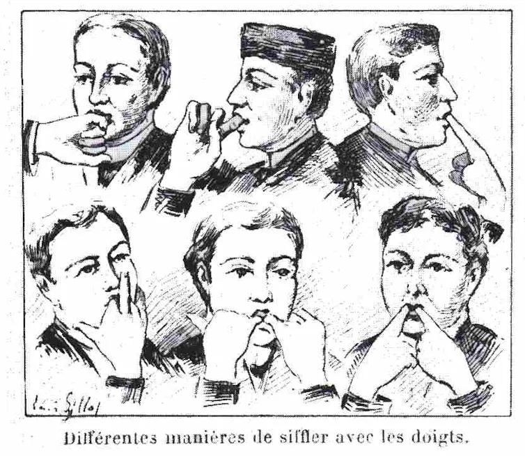 An illustration of different ways of whistling with the fingers