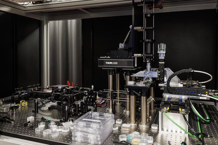 A microscope on a lab bench