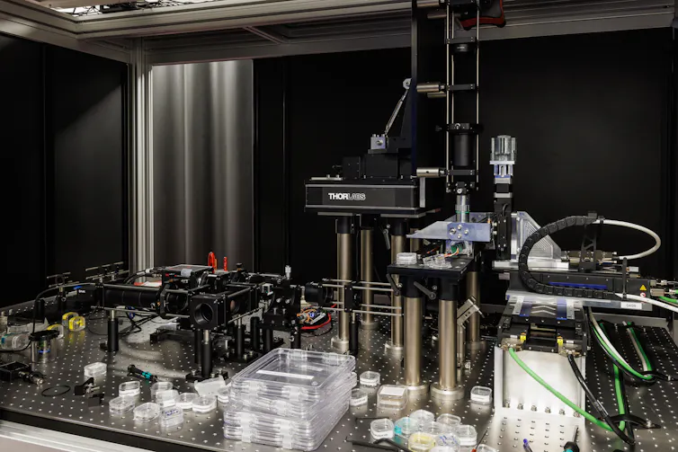 A microscope on a lab bench