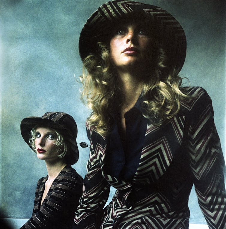 Two 1960s models in hats wearing Biba fashions.