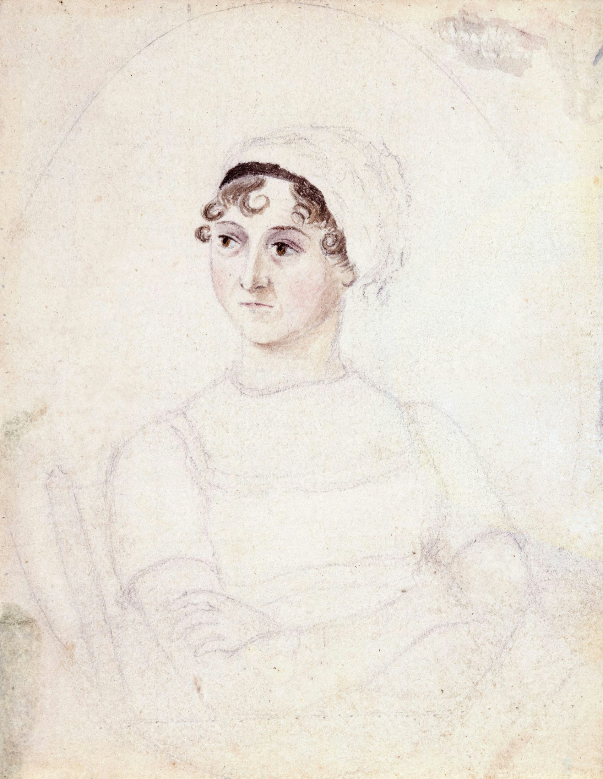 A sketching of a late 19th-century woman in a frilly cap and dressed in a Regency style.